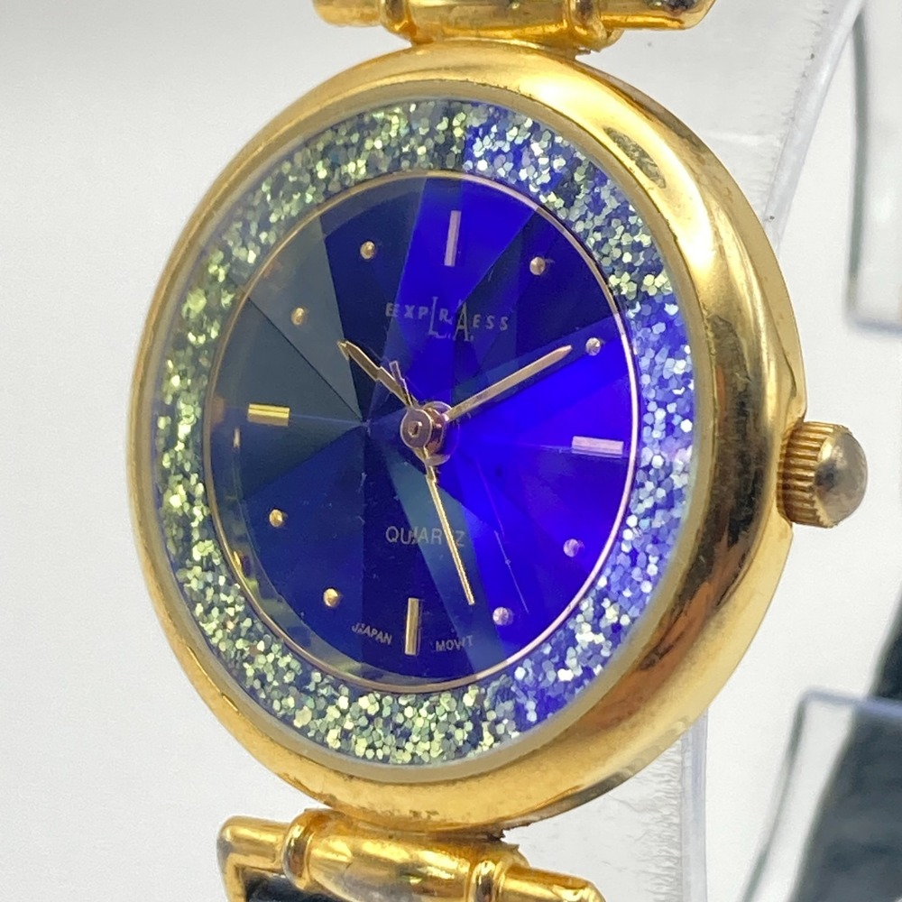 Vtg LA Express Womens Watch Gold Tone Blue Dial Faceted Glitter New Battery 7.75